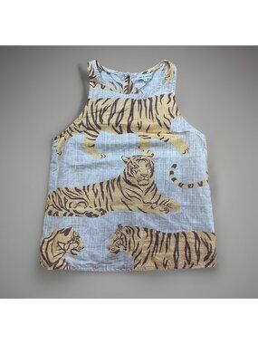 Las Surenas Tiger Linen Cotton Womens Shirt Medium Animal Fun Print Luxury